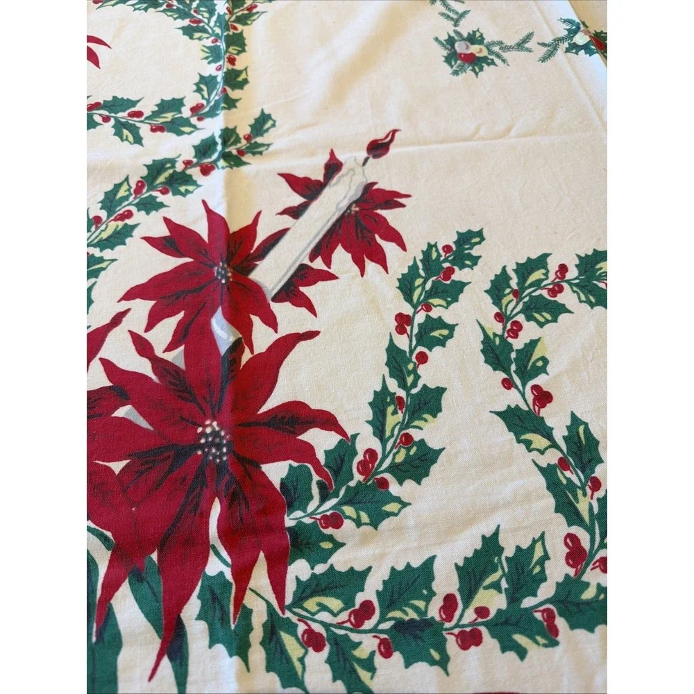 Vtg Mid-Century Modern Christmas Tablecloth Poinsettia Candles Holly 43